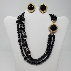 VINTAGE GJD SIGNED DEMI PARURE NECKLACE CLIP ON EARRINGS BLACK CRYSTAL 1980S